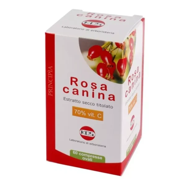 Kos Rosa canina 60 compresse Rosa canina 70% vitamina c 60 compresse, prodotto da Kos srl, è un integratore alimentare indicato per gruppi specifici della popolazione con esigenze nutrizionali particolari. Avvertenze: il prodotto va utilizzato nell’ambito di una dieta variata ed equlibrata seguendo uno stile di vita sano. Non eccedere le dosi giornaliere raccomandate. Tenere fuori dalla portata dei bambini al di sotto dei 3 anni. Ingredienti: edulcorante: sorbitolo; rosa canina (Rosa canina L.) falsi-frutti Estratto Secco titolato al 70% di vitamina C (supportato su maltodestrine da mais, silice colloidale); amido di mais pregelatinizzato; antiagglomeranti: magnesio stearato vegetale, silice colloidale; aroma ed essenza di arancio amaro (Citrus aurantium var. amara L.). Indicazioni: Effetti fisiologici di rosa canina falsi-frutti: azione di sostegno e ricostituente, antiossidante. Indicazioni: la vitamina C contribuisce alla normale funzione del sistema immunitario, alla normale formazione del collagene per la normale funzione dei vasi sanguigni e delle gengive, alla protezione delle cellule dallo stress ossidativo. Modalità d'uso: da 1 a 3 compresse al giorno, da deglutire o sciogliere in bocca, ai pasti.